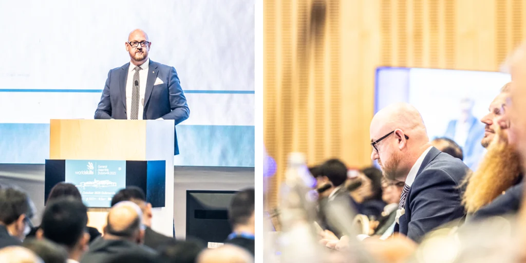 Patrik Svensson på general assembly. Till vänster när han pratar inför publik. Till höger när han sitter i publiken